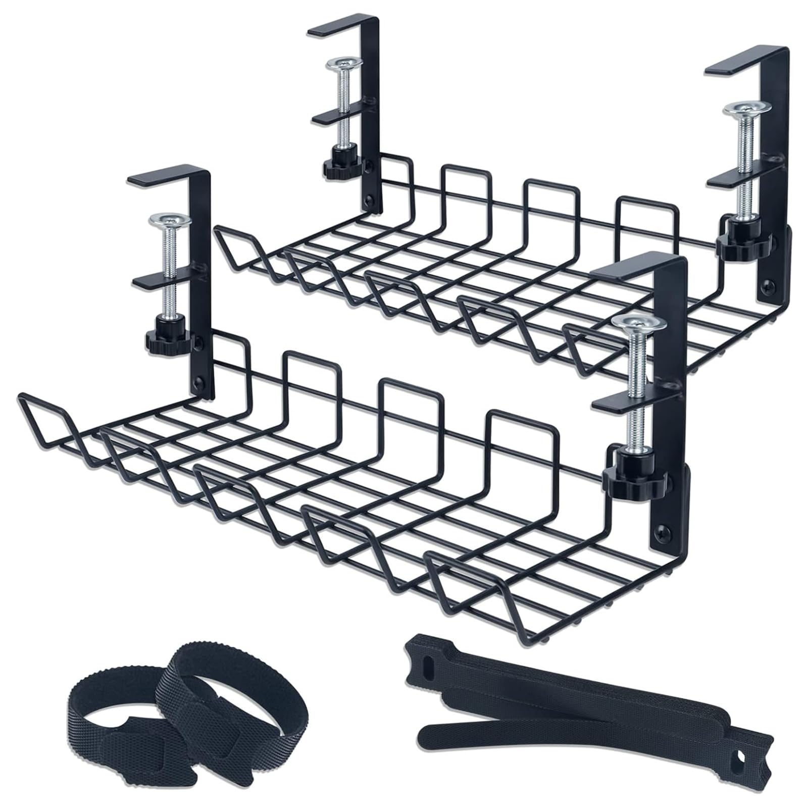 Under Desk Cable Management Tray 2 Pack, No-Drill Metal Cable Management Under Desk Cable Organiser with 20 Reusable Cable Ties, Wire Management Tray, Cord Organizer for Home Office Kitchen