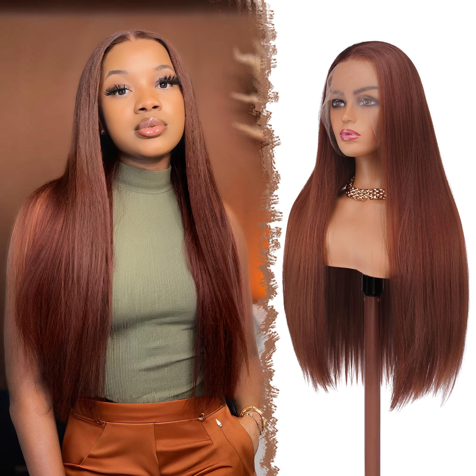 FESHFEN Lace Front Perücke Kupferbraun - Lange Glatt Perücken für Damen Natürliche Synthetik Haar Wigs Gerade Spitzenfront Haarperücke für Tägliche Karneval, 75 cm