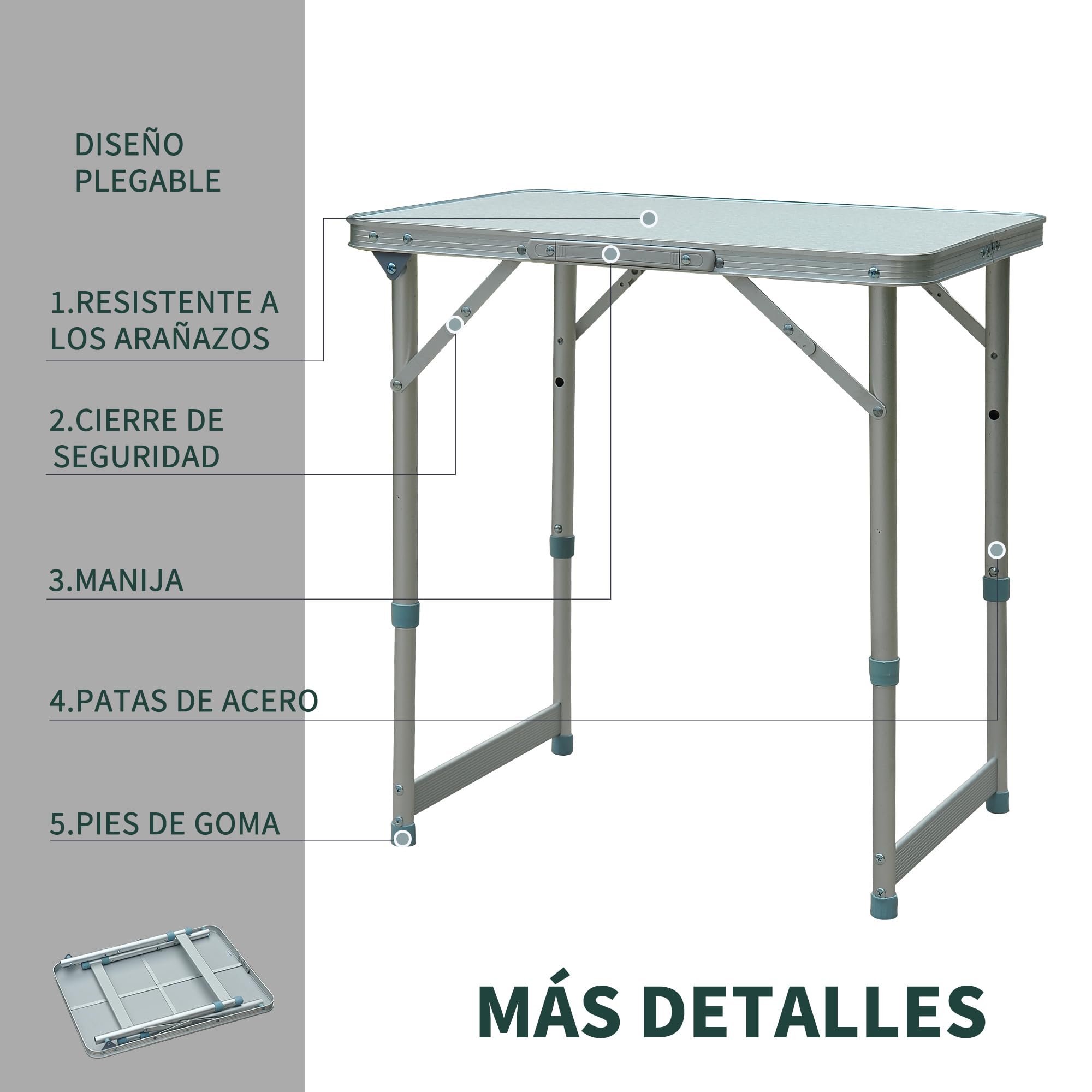 Outsunny Mesa de Camping Plegable Mesa Plegable Portátil Multifuncional con Altura Ajustable en 2 Niveles Marco de Aluminio para Jardín Balcón Patio Exterior 60x45x64 cm Blanco