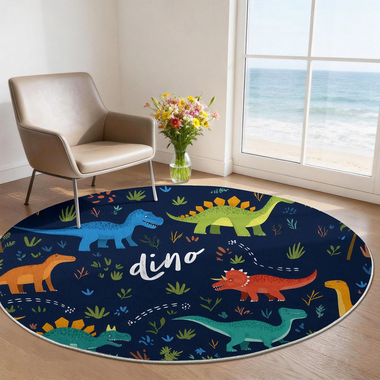 Tapis rond lavable 120 cm avec envers antidérapant motif dinosaures