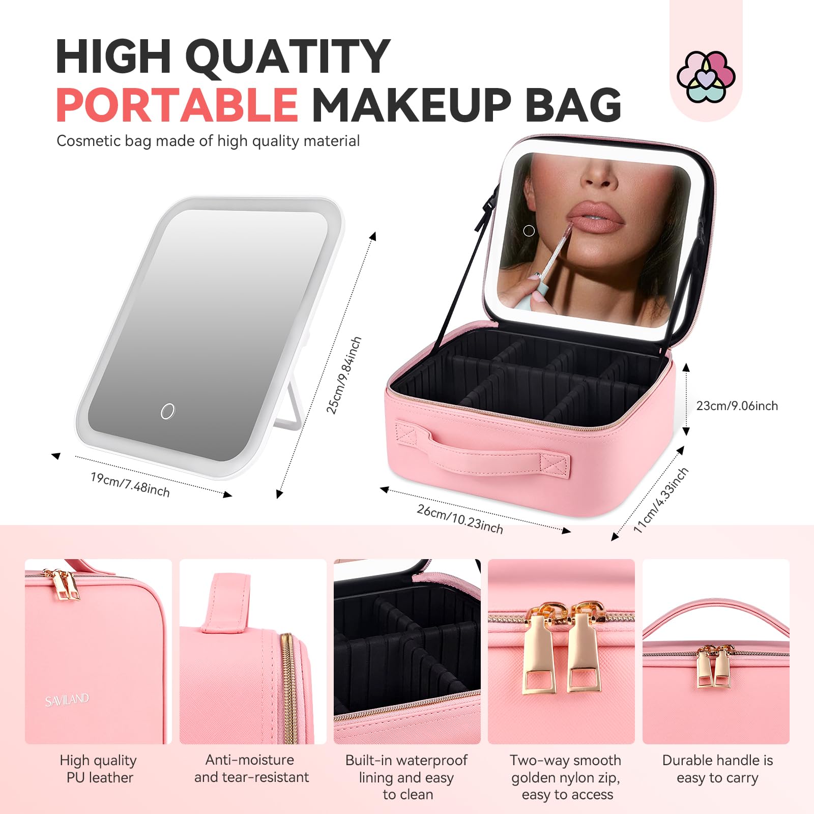 SAVILAND Reise-Makeup Tasche PU-Leder Kosmetiktasche mit Wiederaufladbarer beleuchtetem Spiegel, Kosmetiktasche Einstellbarer Helligkeit in 3 Farbszenarien Make up Tasche mit verstellbaren Trennwänden