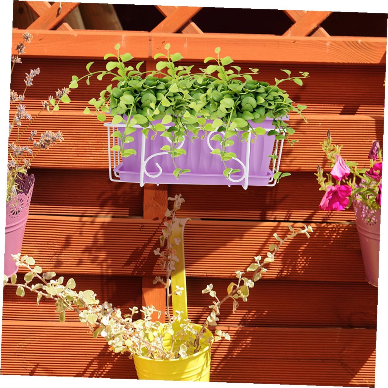 BESPORTBLE Rectangular Hanging Flower Planter Pot with Saucer and Metal Bracket, Medium Windowsill Herb Planter Container for Vegetable and Flower Gardening on Balcony Or Fence