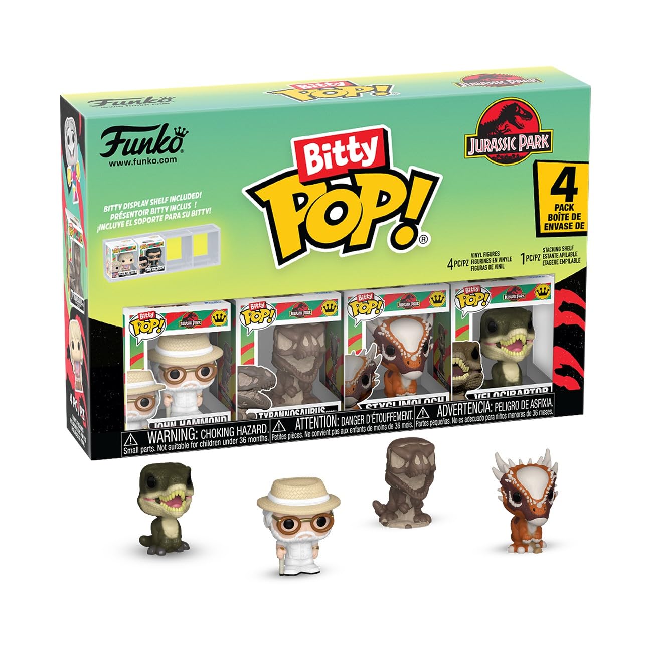 Funko Bitty POP! 4 Pack: Jurassic Park - John Hammond, Tyrannosaurus (Fossil), Stygimoloch, Velociraptor - 1 in 6 chance of receiving the rare Chase variant - Styles may vary - 0.9 inch (2.2 cm)