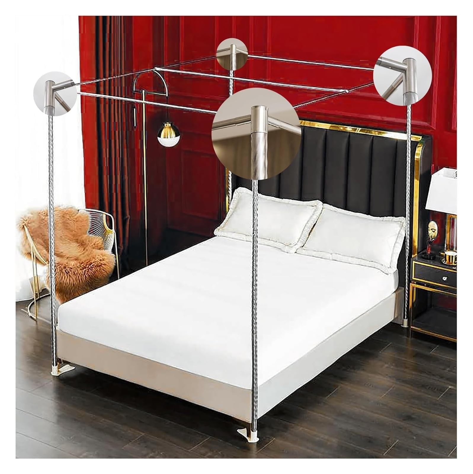 GJMSSMY bed tent，U 4 Corners Canopy Bed Frame Post Poles, Stainless Steel Canopy Bed Frame Mosquito Net Bed Canopy for Curtains Sliver, Bedroom Frame King Queen Twin Full Size (Size : Full