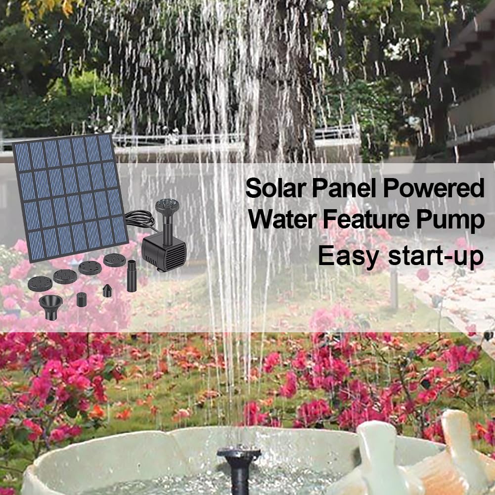 paneles solares, Bomba de fuente solar de bricolaje con boquilla Bomba de fuente de agua alimentada por panel solar Kit de bomba de agua de fuente solar for jardín, baño de pájaros, peces de acuario