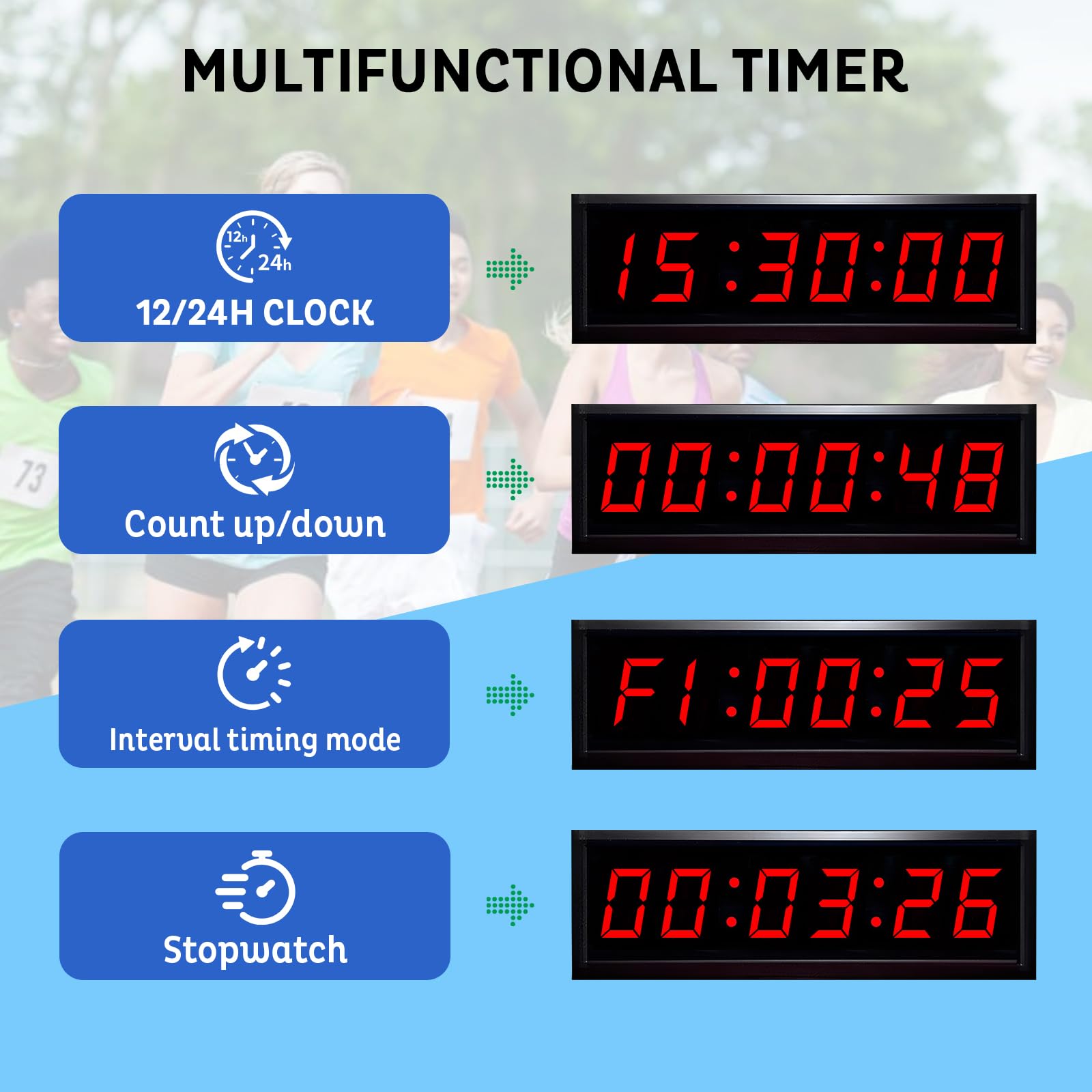 Timer LED 2,3 cal. con treppiede, 6 cifre, conto alla rovescia/alto, telecomando, cronometro sportivo, 12/24H