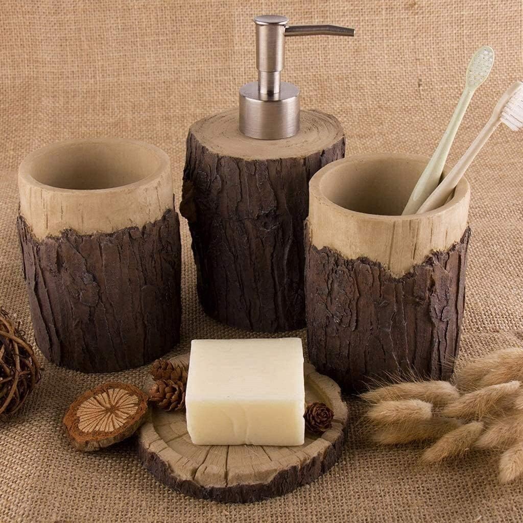 Soap Dispenser Refillable Hand Lotion Dispensers, Soap Bottle Bathroom Accent Resin Accessories Realistic Tree Head Design Emulsion Dispenser and Mouthwash Cup Four Piece Set 280ml Kitchen