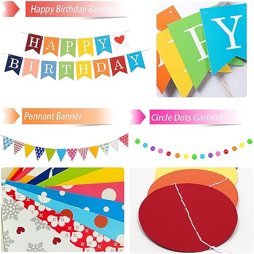 Miniatura 5 de Coloridas decoraciones de fiesta de arco iris pancarta de feliz cumpleaños, banderín, juego de abanico de papel, guirnalda de papel circular, bolas