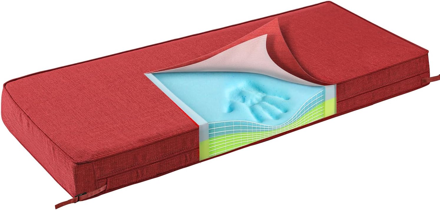SUNROX Gel Memory Foam Bench Cushion with Ties, Ultra Durable Water Resistant FadeShield Outdoor/Indoor Universal Bench Seat Pads 48 x 16 x 4 inch, Burgundy