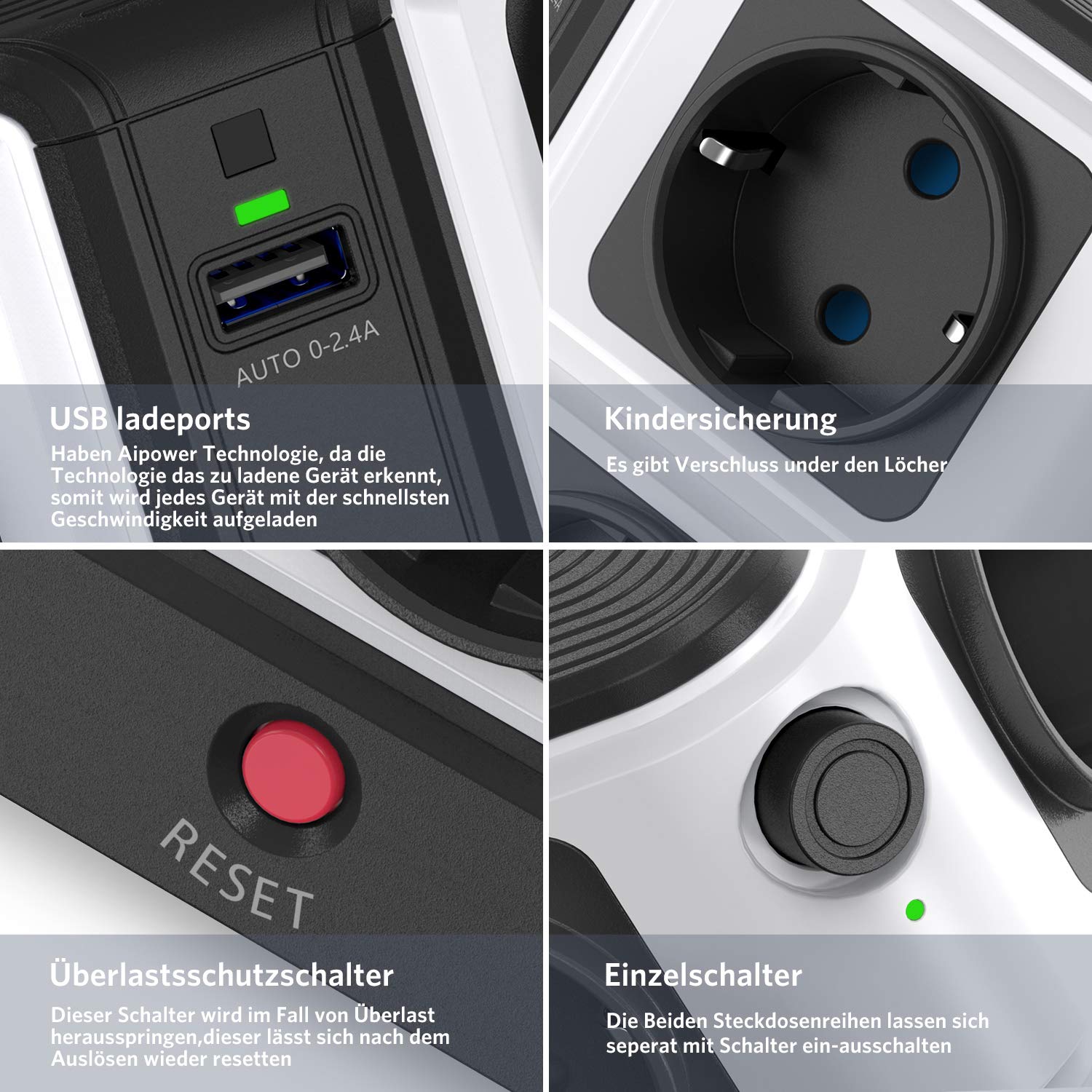 BESTEK Ciabatta elettrica a 8 prese e 6 USB, con interruttore singolo, protezione da sovratensione 1500J e fulmini 3600W
