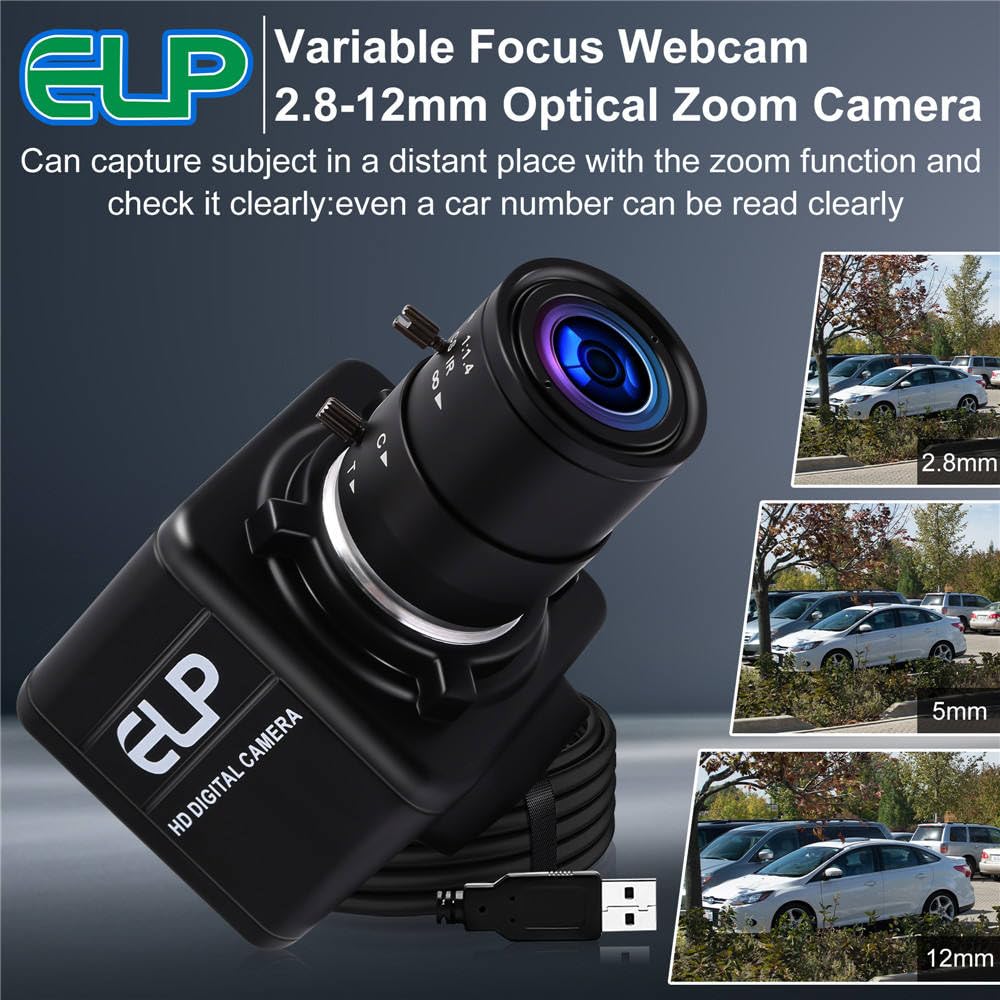 ELP Cámara web gran angular 1080P con objetivo zoom de 2.8-12 mm, sensor IMX322, Plug & Play para PC, escritorio, cámara de enfoque variable USB, Raspberry Pi, mini videoconferencia USB 2.0