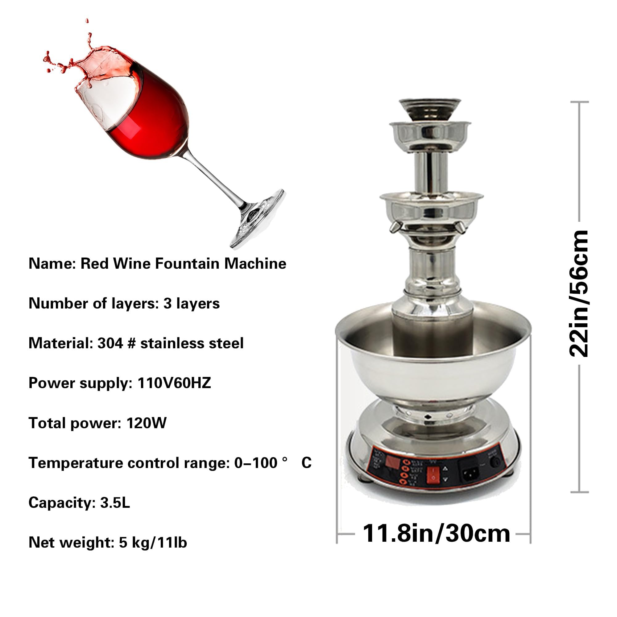 Fontaine à Vin Et Champagne électrique à 3 Niveaux - Chauffe/refroidisseur De Boissons En Acier Inoxydable Avec Contrôle De Température 0-100℃ Et écran Lcd, Capacité De 3,5 L Pour Mariages