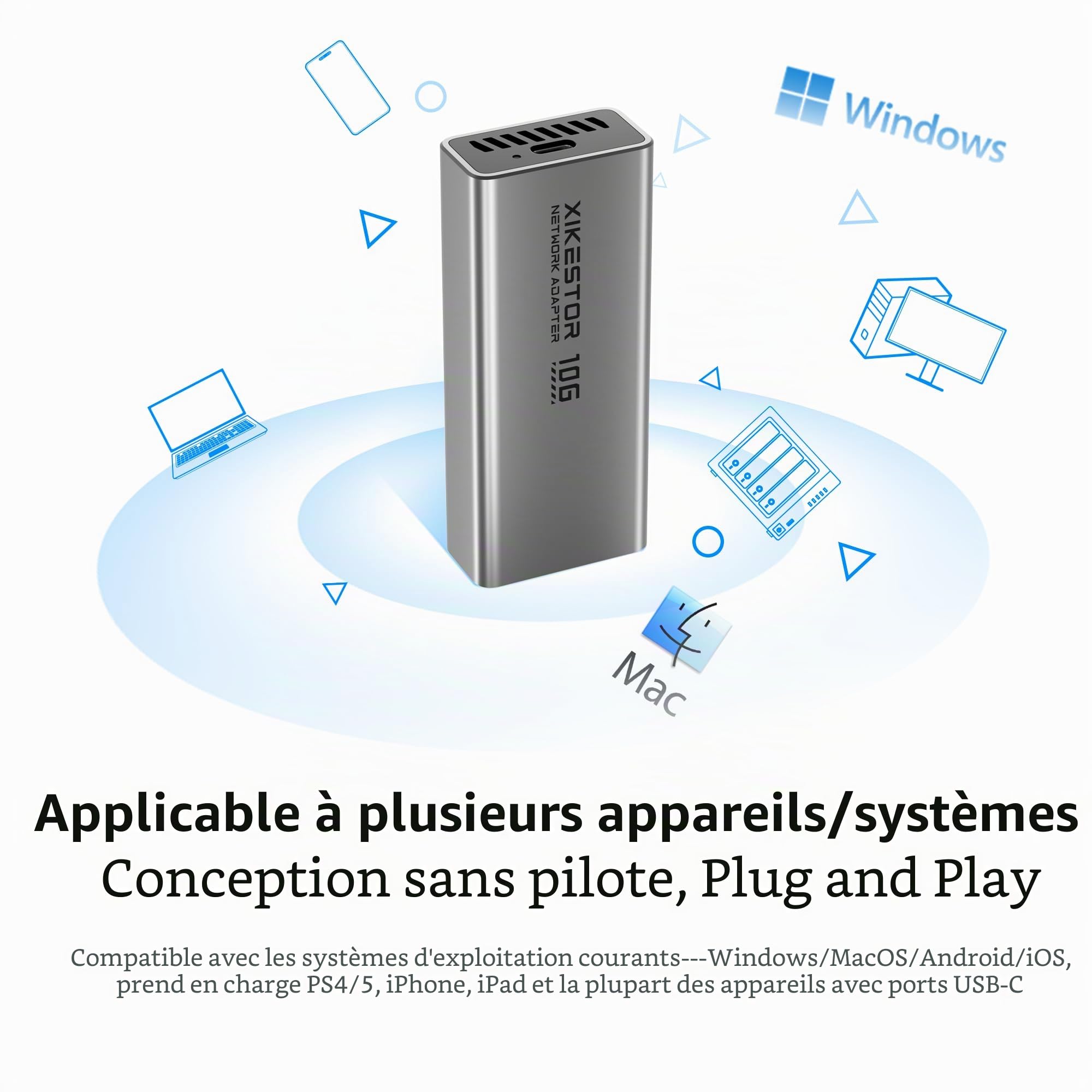 SKN-U310GT Adaptateur Ethernet USB 3.2 10GbE XikeStor - Jusqu'à 10 Gb/s - Compatible 10G/5G/2.5G/1G/100Mb Base-T - Pris en charge Thunderbolt 3/4 - Câble USB-C inclus | 5G/2.5G/1G/100M, Thunderbolt 3/4, USB-C