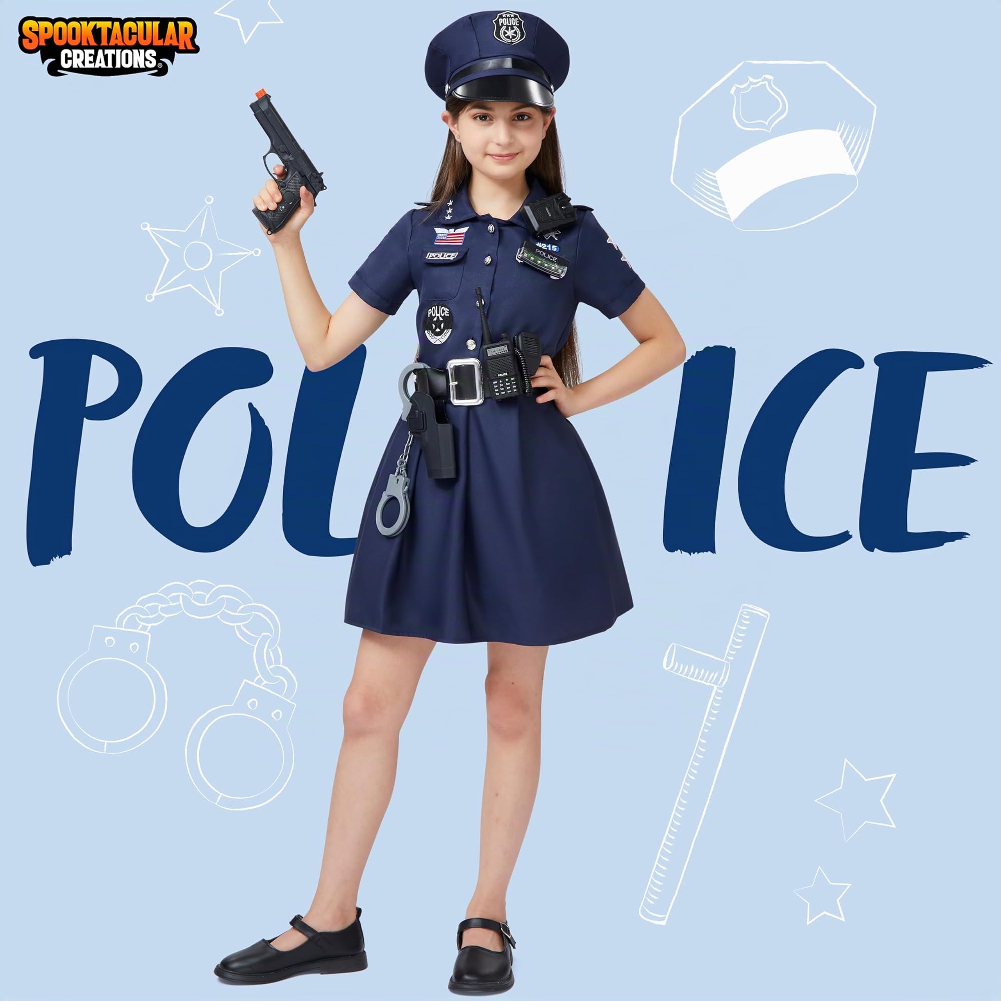 Spooktacular Creations Disfraz de oficial de policía para niñas, disfraz de policía para niñas, estilo fresco y oscuro para disfraces de Halloween y fiestas temáticas para niños (grande (10-12 años))