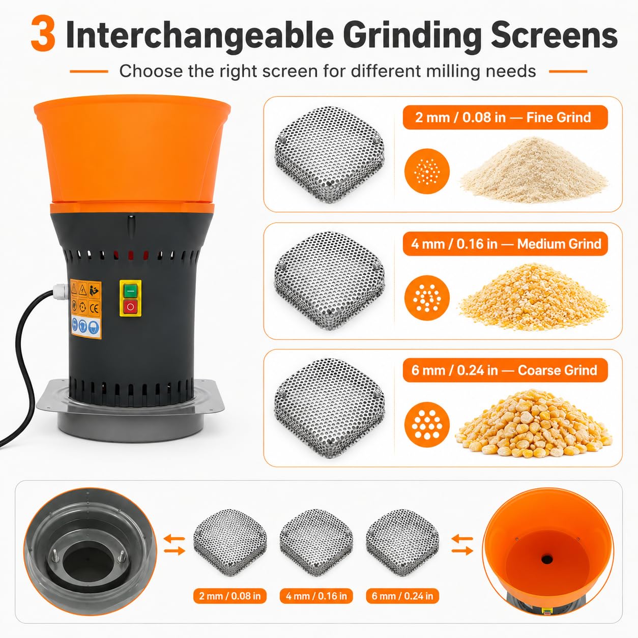 Macinino elettrico per cereali da 1300 W, con 3 misure di setacci per macinazione, 19000 giri/min, mulino elettrico per cereali, mais, grano, mangime, mulino per farina + 300 kg/h