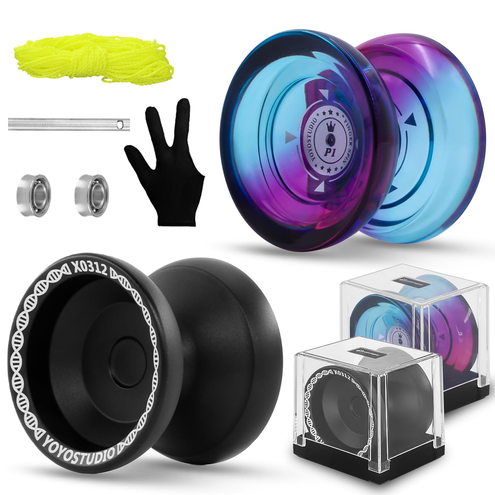 YOYOSTUDIO Professional Yoyos 2 Pack, Responsive Yoyo for Kids 8-12, Pro Trick Yoyos with Dual Purpose Mode, Metal Yoyo X0312+Plastic Yo yo P1 with Unresponsive Bearing Kit+10 Yo-yo Strings+2 Case