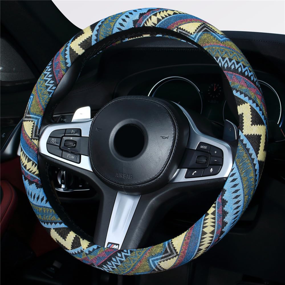 Funda para Volante de automóvil de Tela de Lino Grueso de Estilo étnico, Antideslizante y absorción de Sudor (L, 14.5 a 15 Pulgadas)