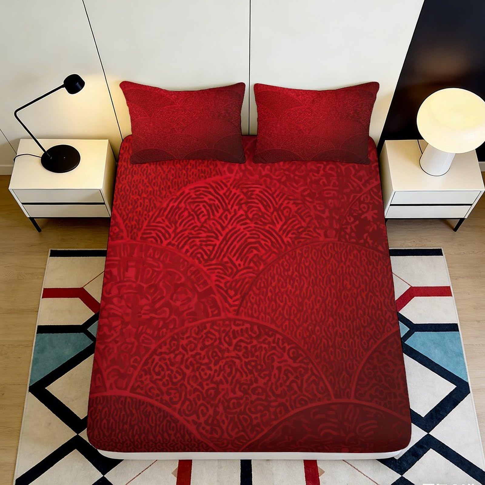 3D Printed Red Abstract Pattern Fitted Sheet Microfiber Soft Breathable Geometric Waves Mattress Cover for Bedroom Dorm 160x200x25cm