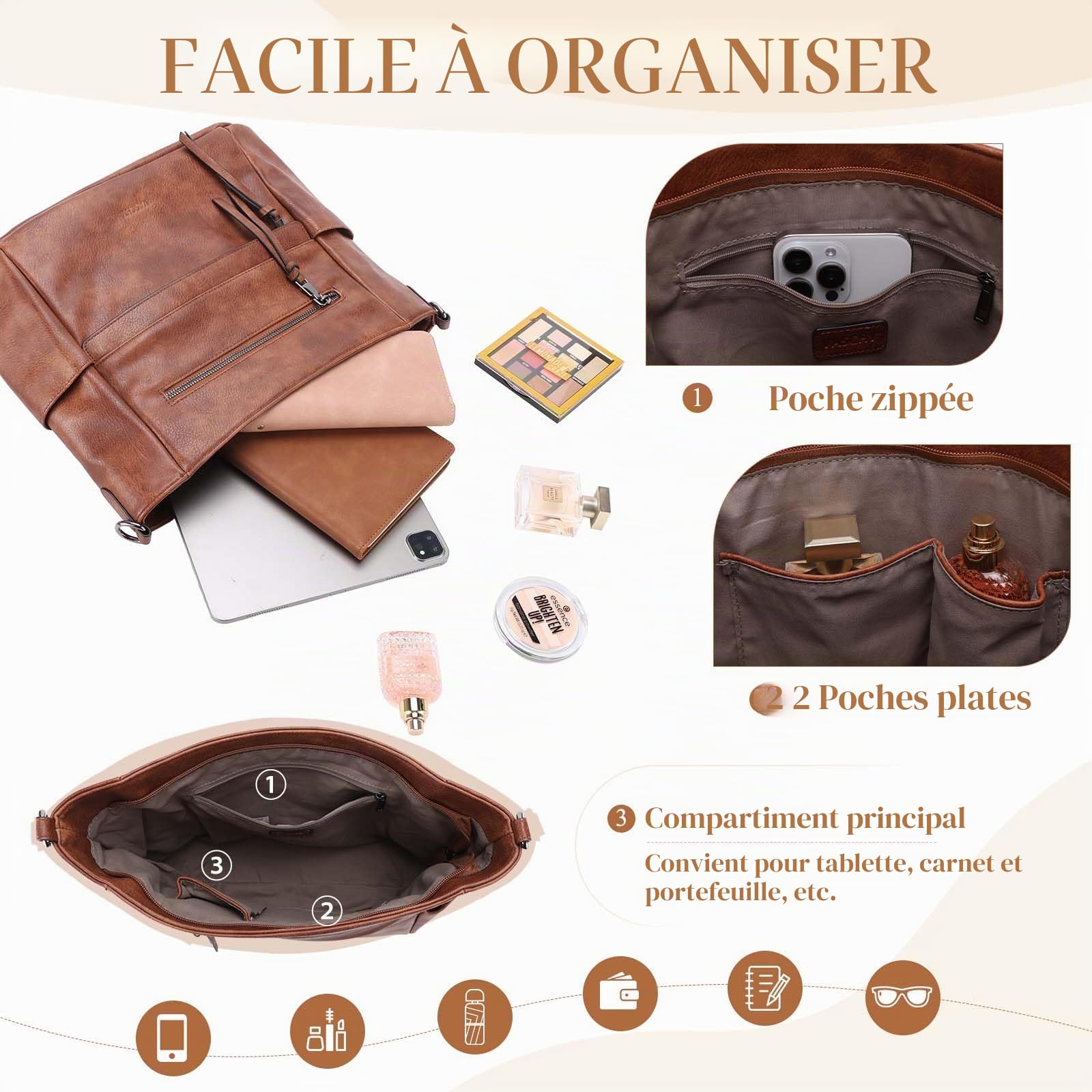 VASCHY Sac à Main Hobo Femme, Sac Bandoulière Femme Cuir PU Grande - Sacs à Main Portés Épaule/Portés Main avec Portefeuille pour Shopping, Travail et Voyage