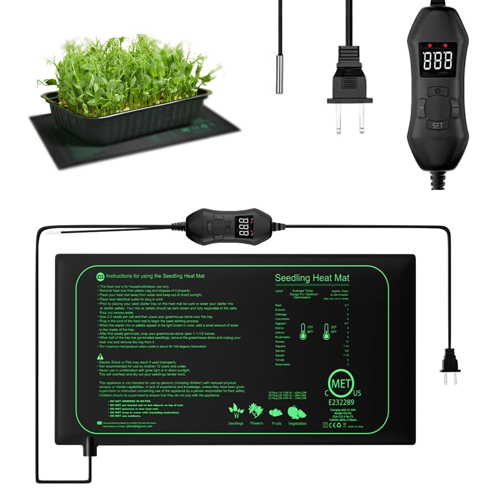 Begonia 50W Heizmatte Pflanzen mit Thermostat, Indoor Gewächshaus Heizkissen für 52,5 x 25cm, Wärmematte mit Temperatur Regulierung, IPX4 Wasserdicht Wärmematte für Sämlinge, Haustiere und Reptilien