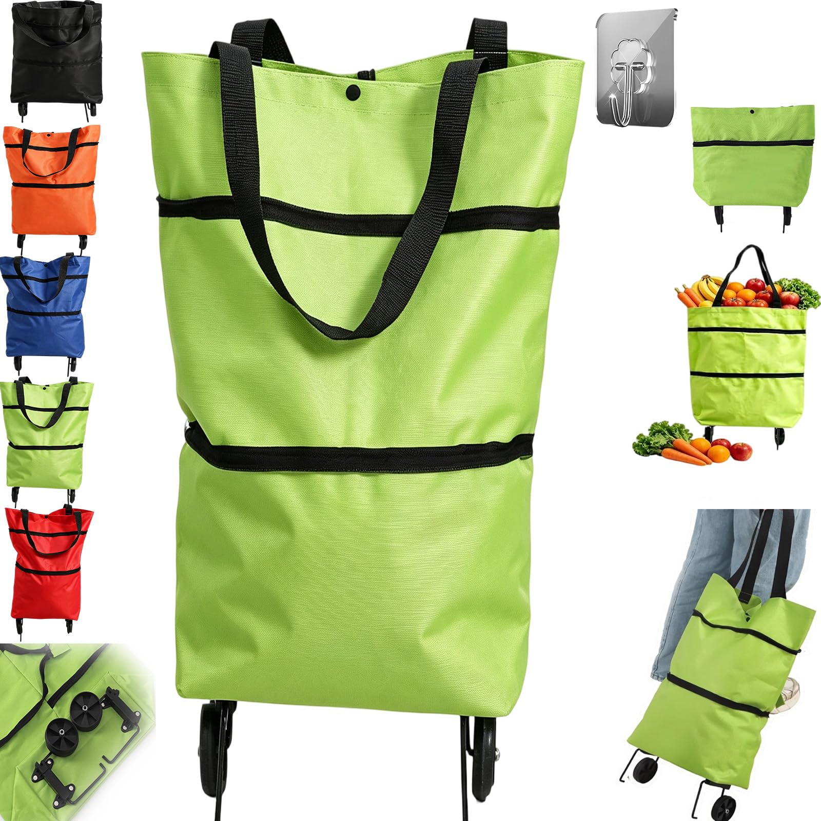 2-in-1 Foldable Shopping Cart with Wheels Lightweight Grocery Trolley，Green