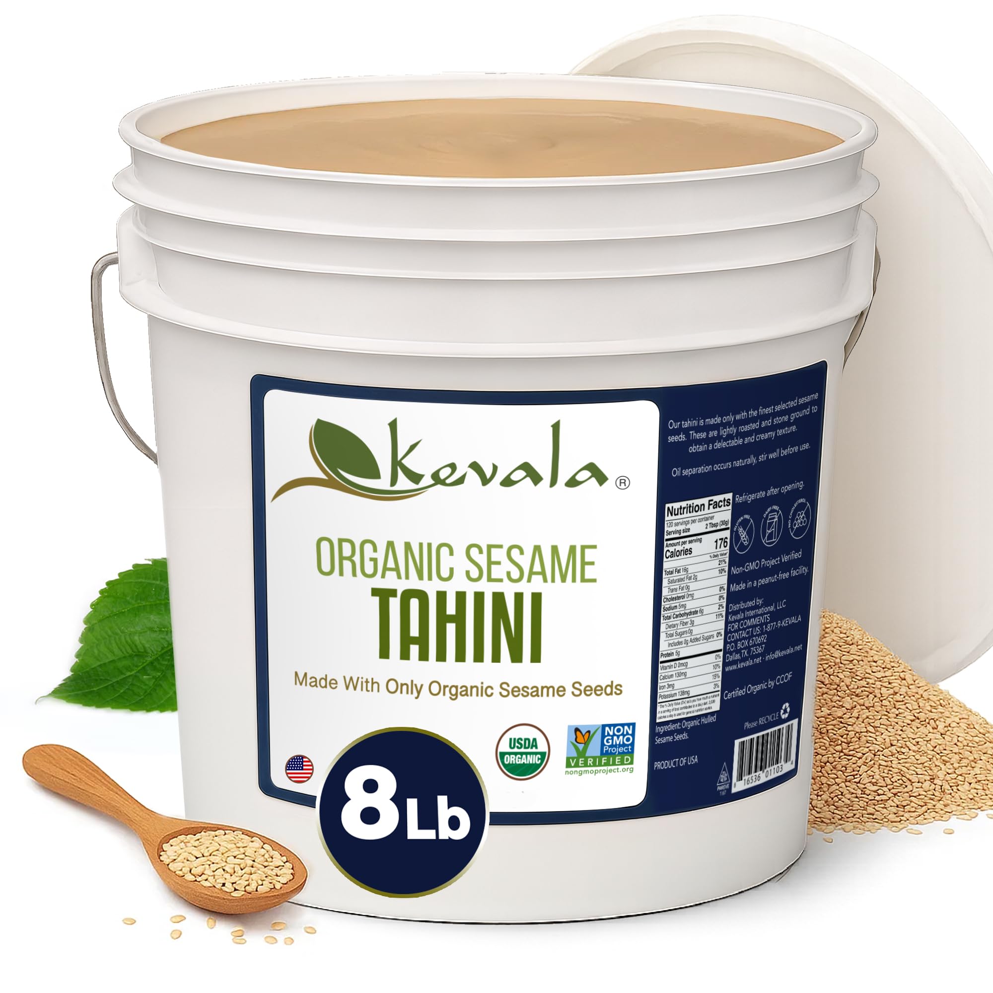 Kevala Organic Sesame Tahini – USDA Organic, Non‑GMO Project Verified & Kosher Certified | Smooth Hulled Sesame Paste with Pure Sesame Flavor for Spreads, Sauces & Cooking | 8 Lb / 3.628 kg Bucket (Pack of 1)