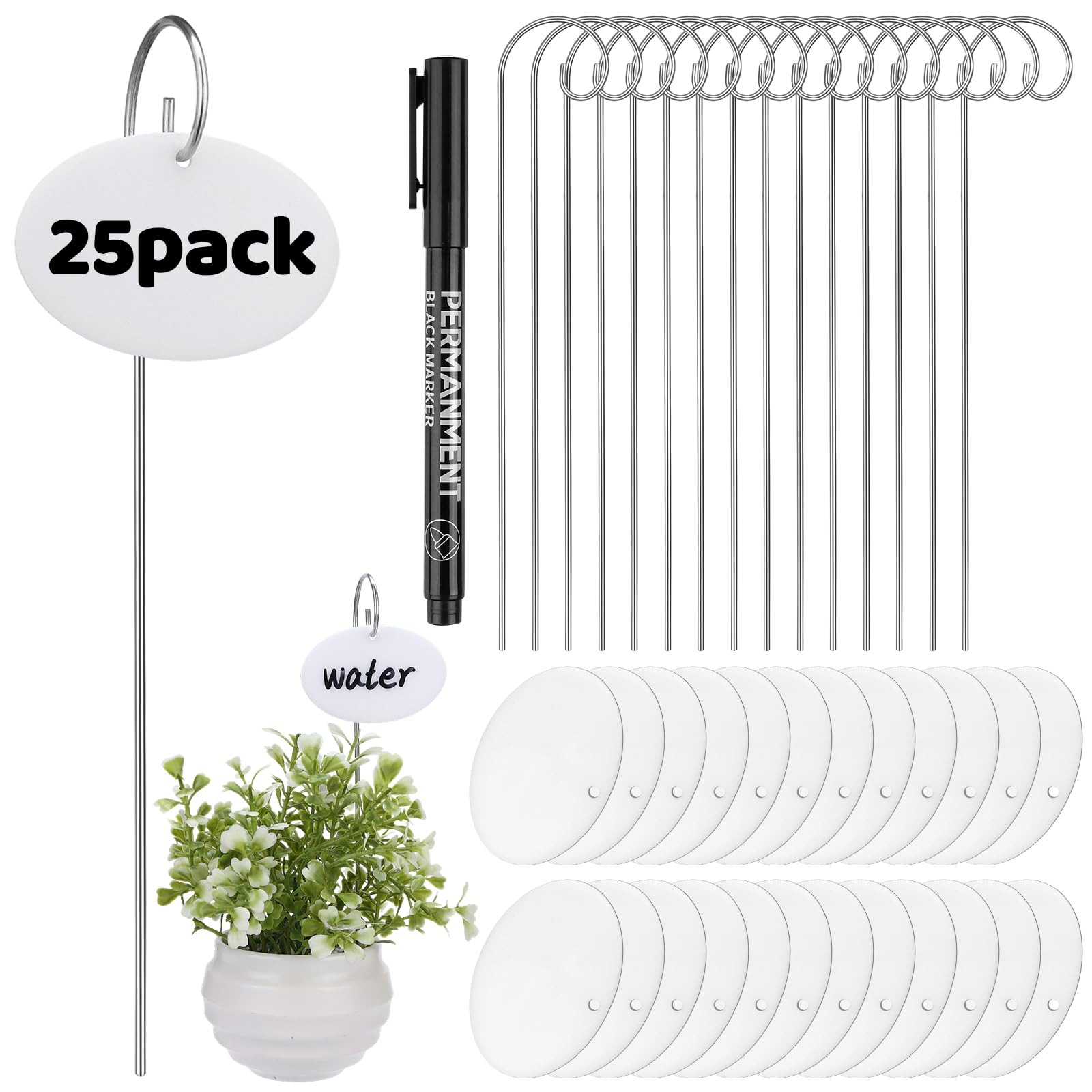 ULELE 25Pcs White Oval Plant Labels Garden Labels Stakes with Pen Plant Markers 25Pcs Metal Garden Poles and 60Pcs Labels Garden Markers for Seedlings Herbs Vegetable Greenhouse Gifts Potted Plants