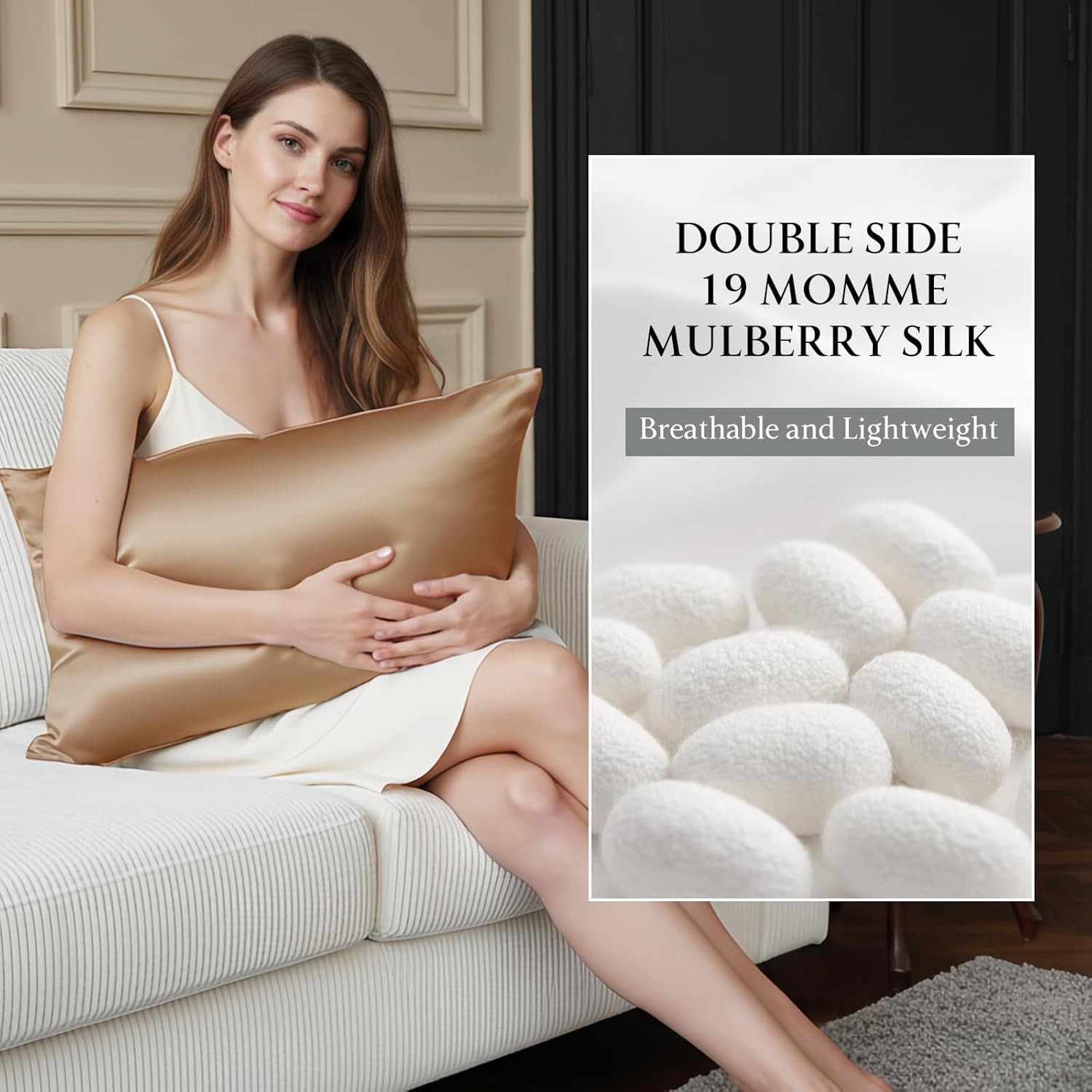 Mulberry Silk Pillow Cases Both Sides Real Natural Silk Luxury Pillowcase for Women Men Hair and Skin,Super Soft Smooth Cooling Sleeping Pillow Covers,Envelope,Standard,Champagne Gold