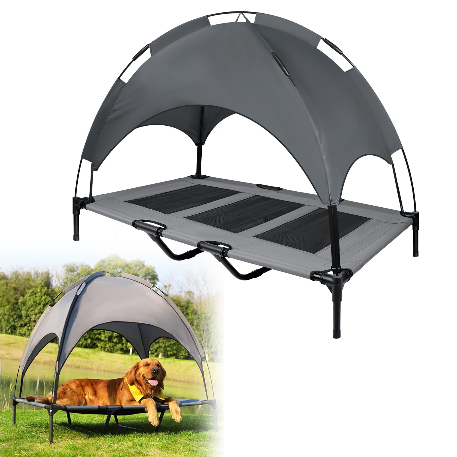 UISEBER Cama para mascotas elevada 122 x 92 x 102 cm Cama para perros al aire libre con techo para perros grandes hasta 60 kg Impermeable Camas para mascotas para interior y exterior Gris + Negro【XL】