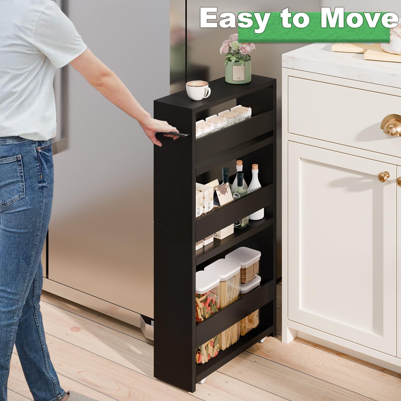 MARTY Carrito de almacenamiento delgado con ruedas de 4 niveles, carrito de cocina con ruedas, almacenamiento para cuarto de lavado con asa, carrito de utilidad deslizante, organizador para lugares