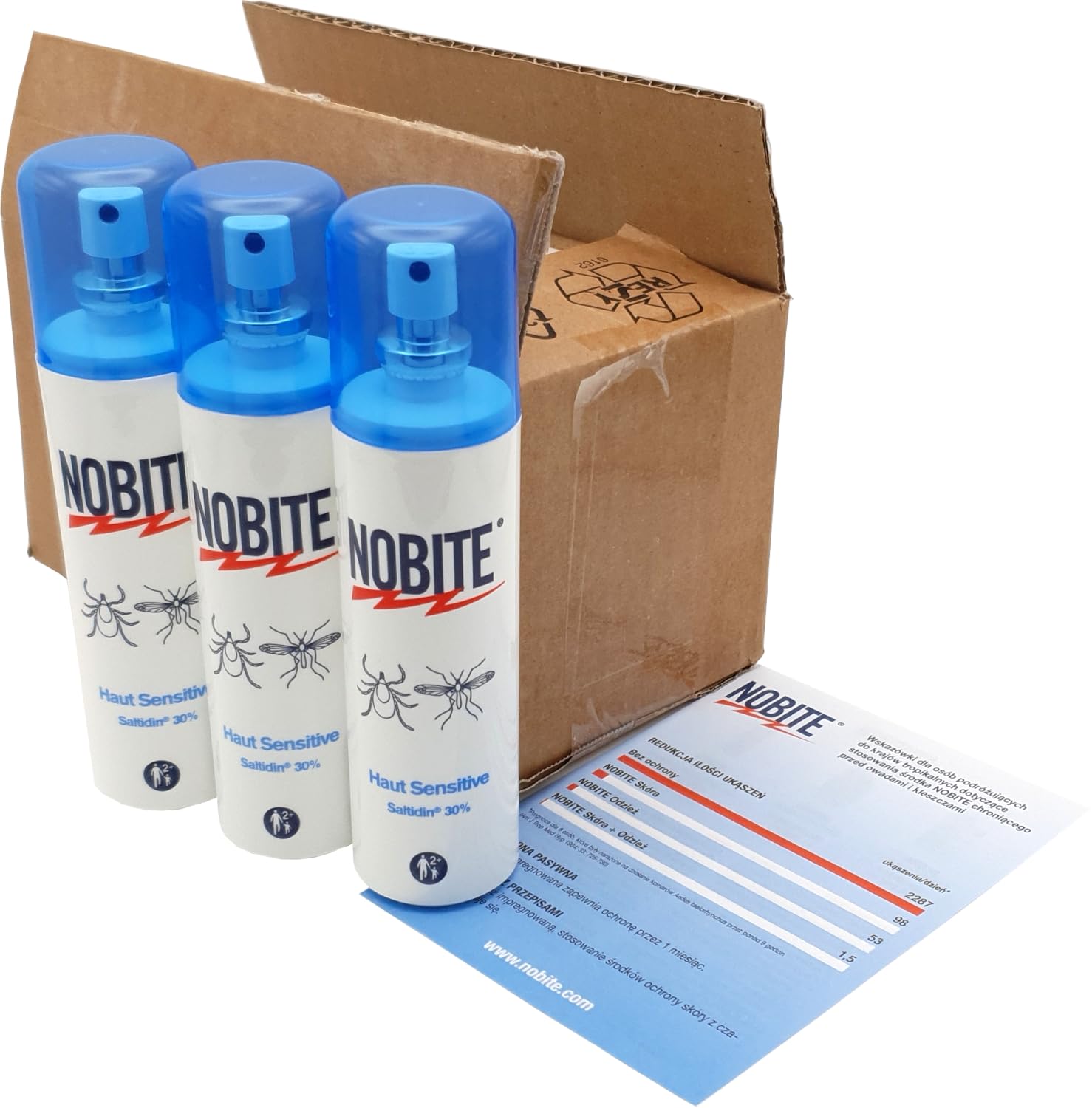 NOBITE Skóra wrażliwa – spray przeciw komarom i kleszczom 100 ml (3 szt.) | Ochrona tropikalna dla dzieci i dorosłych | Delikatny dla skóry