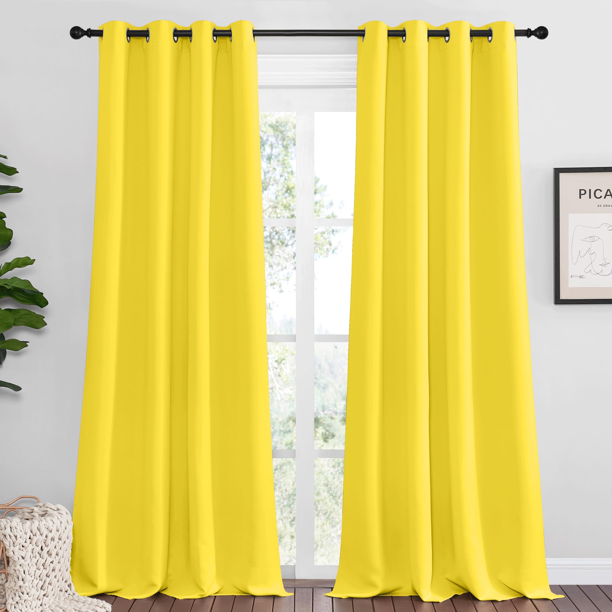 NICETOWN Bright Yellow Curtains 120" Long for Office, Dining, Guest Room, 55" Wide, 2 Pieces, Sound Reducing Heat and Cold Block Curtain Panels for Modern Decorative
