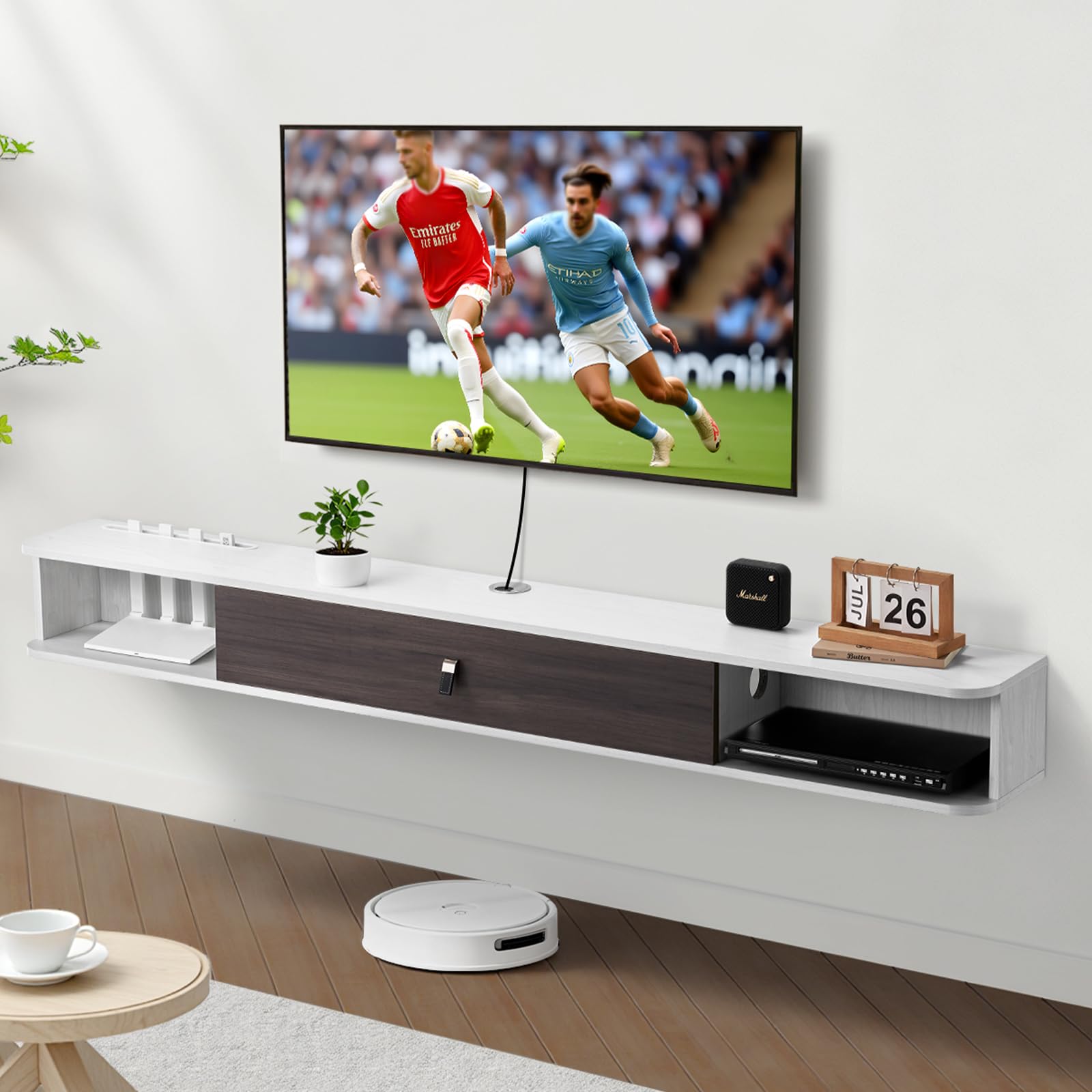 Condition photo showing New/Like New for vevor modern floating tv stand, 71'' wall mounted media console for 80 inch tvs, floating entertainment center under tv shelf with storage cabinet for bedroom & living room, white