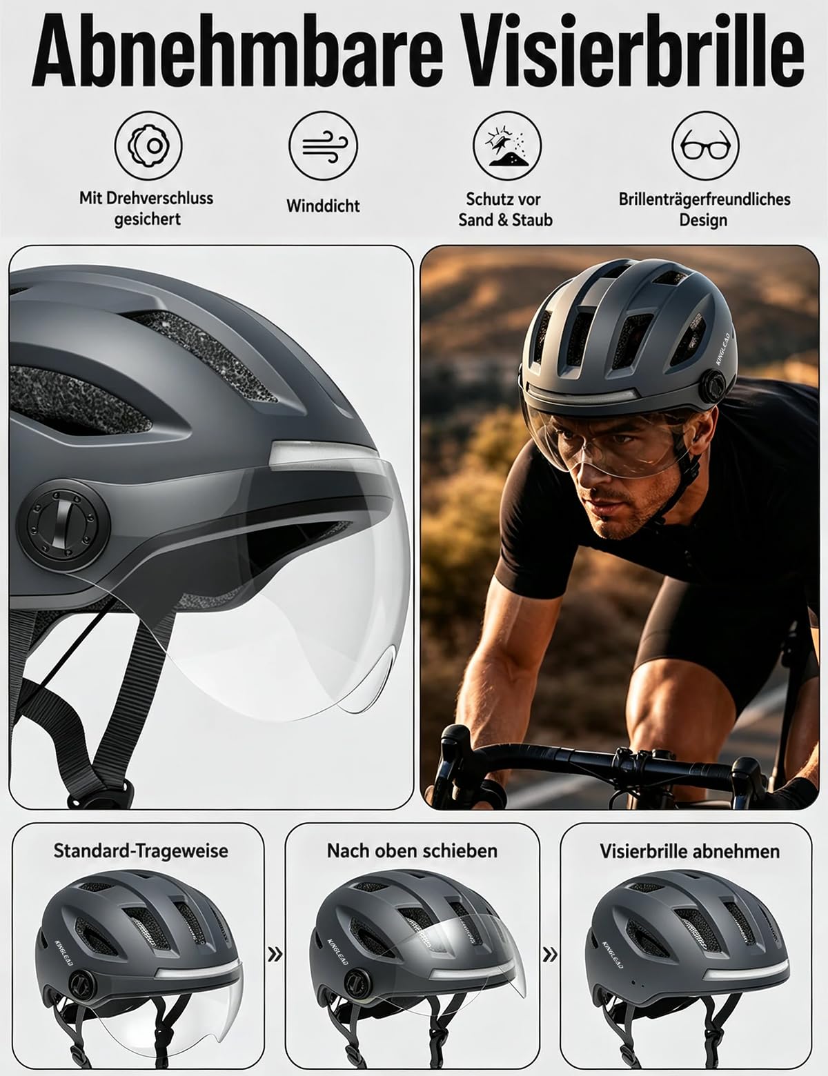 KINGLEAD Fahrradhelm Herren Damen mit Licht und Blinker, Visier, NTA 8776