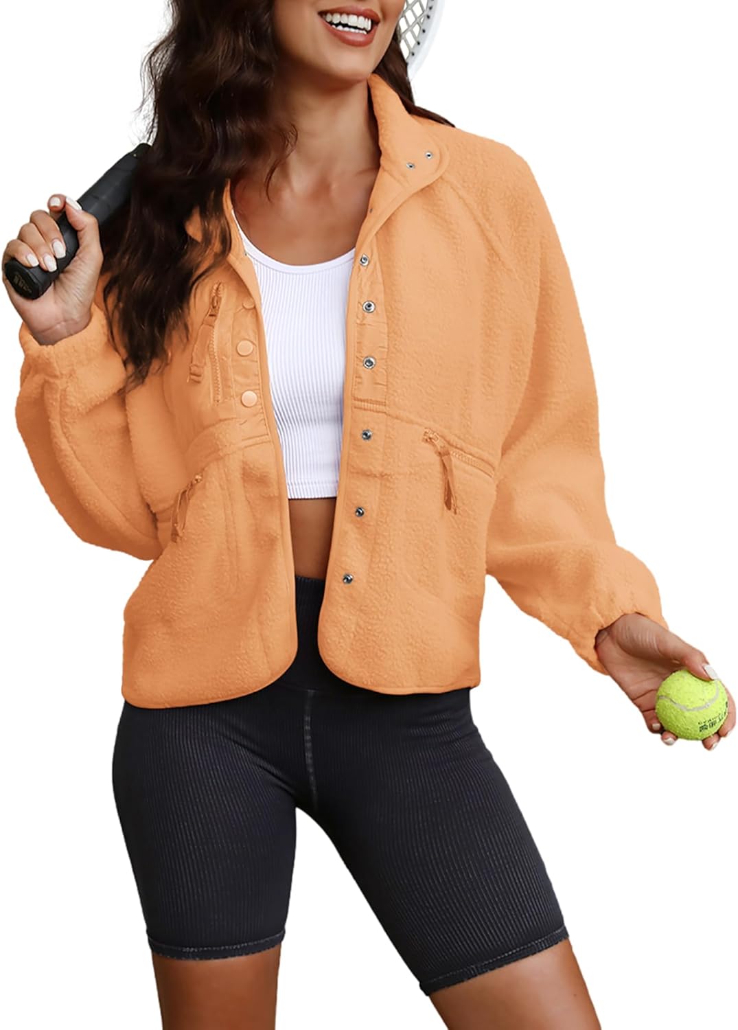 ReachMe Womens Sherpa Jacket Casual Lapel Button Down Cropped Fuzzy Fleece Jackets Long Sleeve Winter Coats with Pockets - Image 4