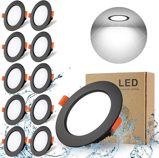 SPAHER Black Led Downlight Recessed Ceiling Light 10 Pack 5W Spotlights Ultra Slim 500LM Cool White 6000K,Cut Φ70-80MM,IP44 AC 230V,Beam Angle 120° Round,for Living Room Bedroom Kitchen Bathroom