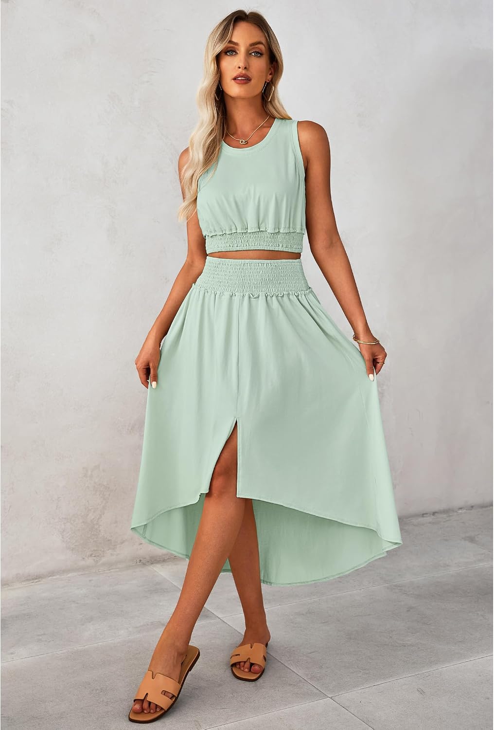 luvamia Two Piece Skirt Sets for Women Smocked Crop Top High Waisted High Low Split Maxi Skirt Co Ord Matching Dress Set