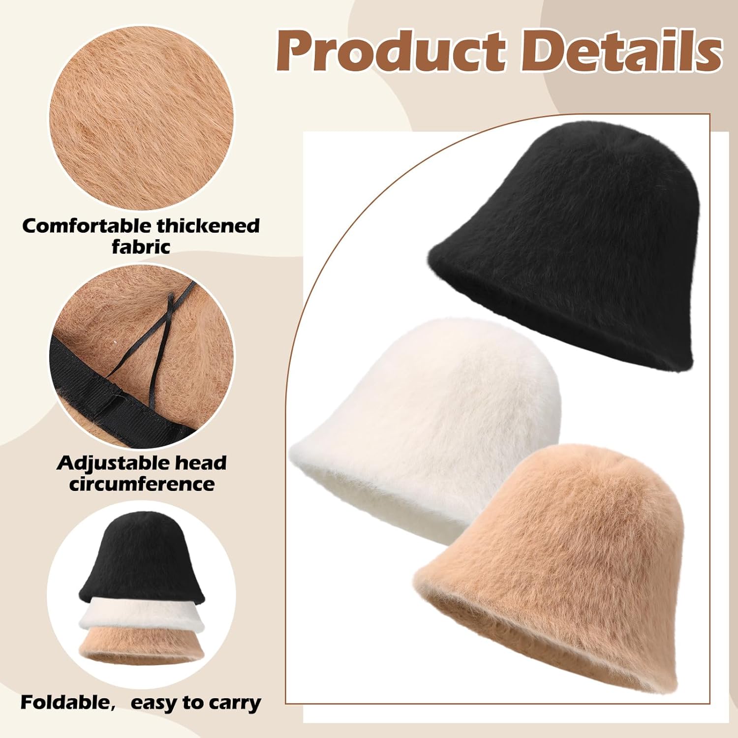 3 Pcs Faux Fur Bucket Hat Women's Fuzzy Bucket Hat 55-58 cm Adjustable Furry Warm Fisherman Cap for Women Men Cold Weather Warm Hats White Black Khaki - Image 4
