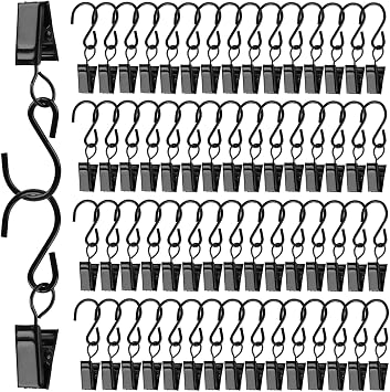 Stainless Steel Metal Clips with S Hooks for Curtain, Photos, Art Craft Hanger Hanging Clips, Home Decoration, 60 Pack, Black