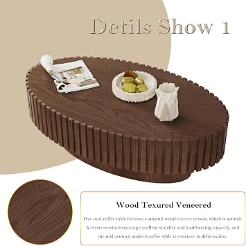 Chic Oval Fluted Coffee Table - Handcraft Relief Veneer (E Brown 43.3in)
