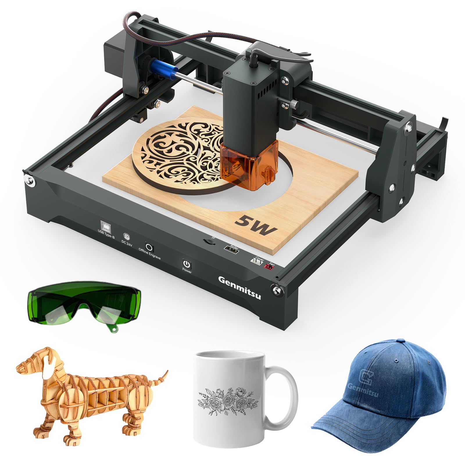 Genmitsu Mini Laser Graviermaschine Kortek 5W für Anfänger, Gravurfläche 200 x 150 mm, 0,01mm hohe Präzision tragbare Lasergravierer, Plug-and-Play, Ideal für DIY Holz, Acryl, Leder, Glas, Klasse 1