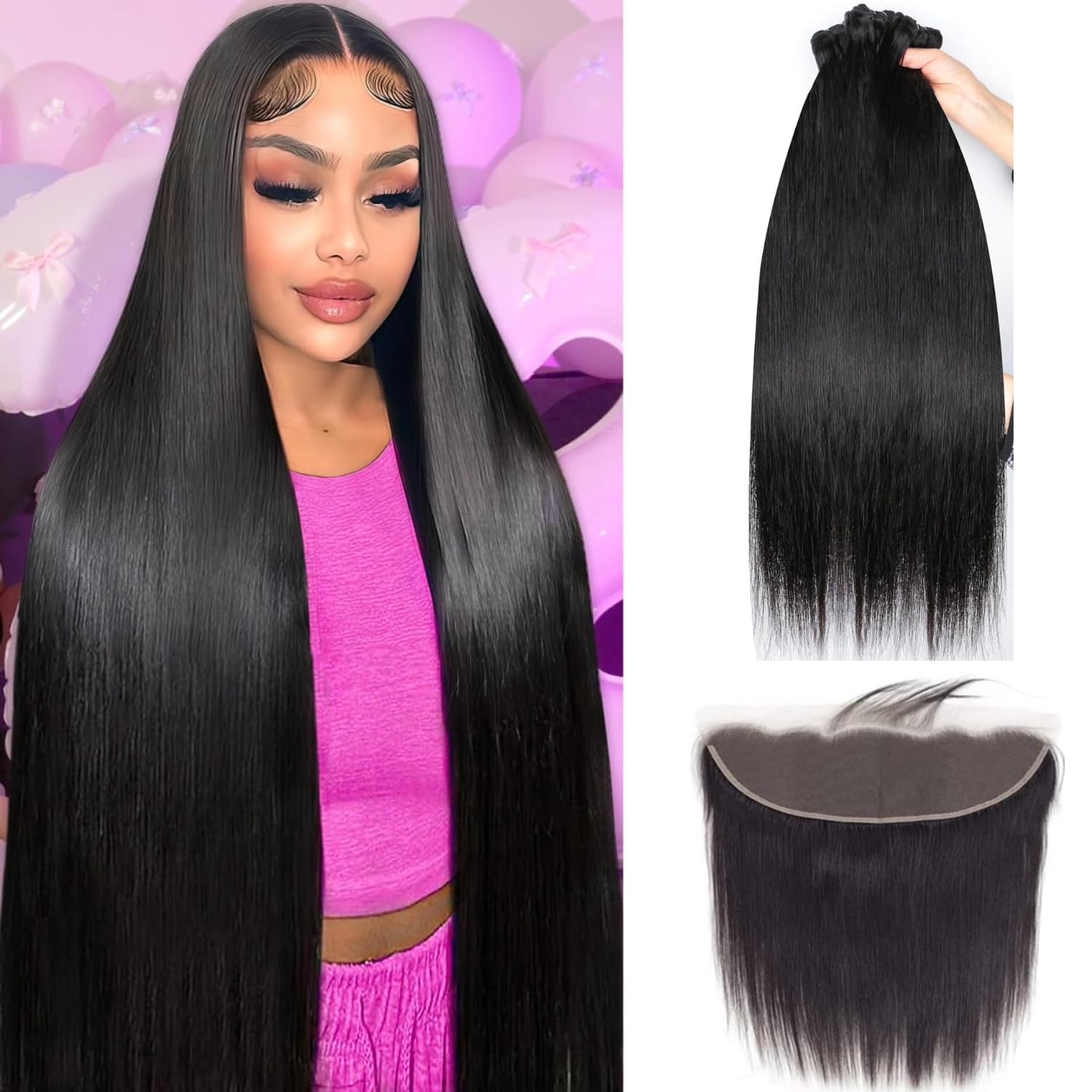12A Human Hair Bundles with Closure Frontal (28 30 32 &20 Frontal) 3 Bundles with 13x4 Lace Frontal Free Part Straight Hair 100% Unprocessed Brazilian Virgin Quick Weave Hair Extension for Women