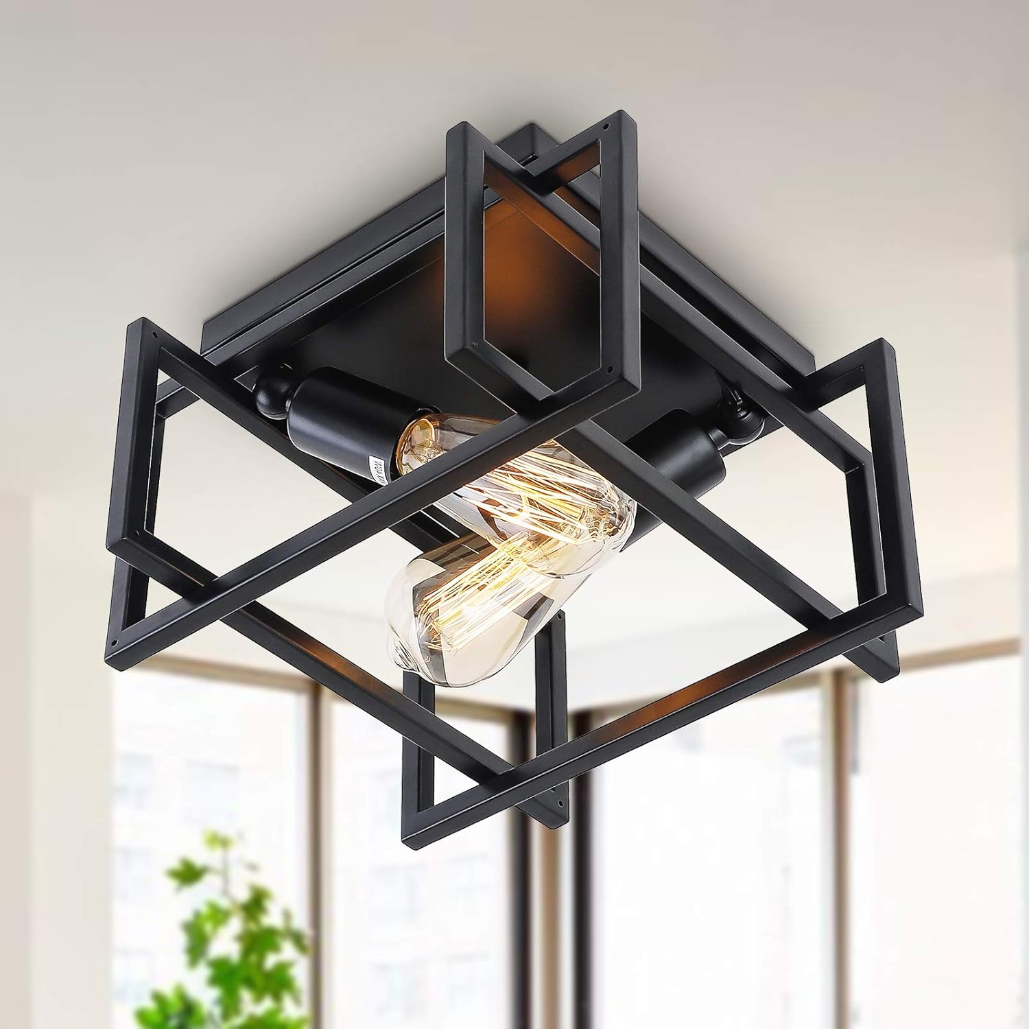 Buy 1 get 1 Linsly Farmhouse Flush Mount Ceiling Light Fixture, 2-Lights Black Ceiling Light Square Close to Ceiling Light for Hallway, Entryway, Foyer, Bedroom