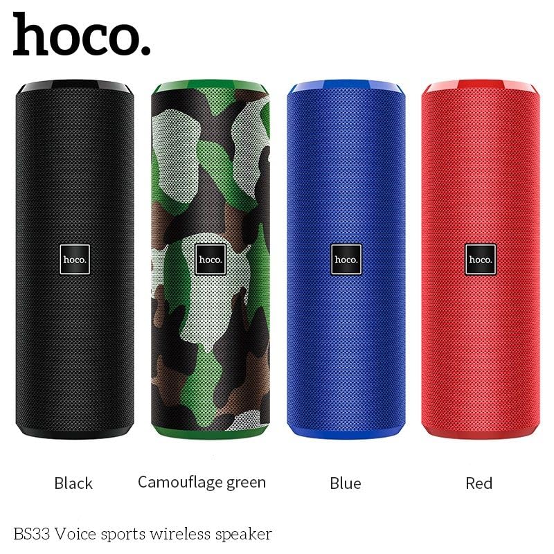 Four HOCO BS33 Bluetooth Speakers in different colors: black, camouflage green, blue, and red