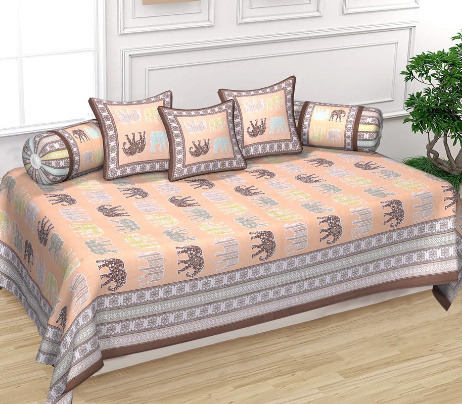 Texstylers 100% Cotton 190TC Deewan Set 6 Pcs | Diwan Printed Bedsheet Set for Living Room Hall (1-Bed Sheet 58x88 Inch | 2-Bolster 16x32 in | 3-Cushion Cover 16x16 Inch), Brown & Orange, Animal-image-32