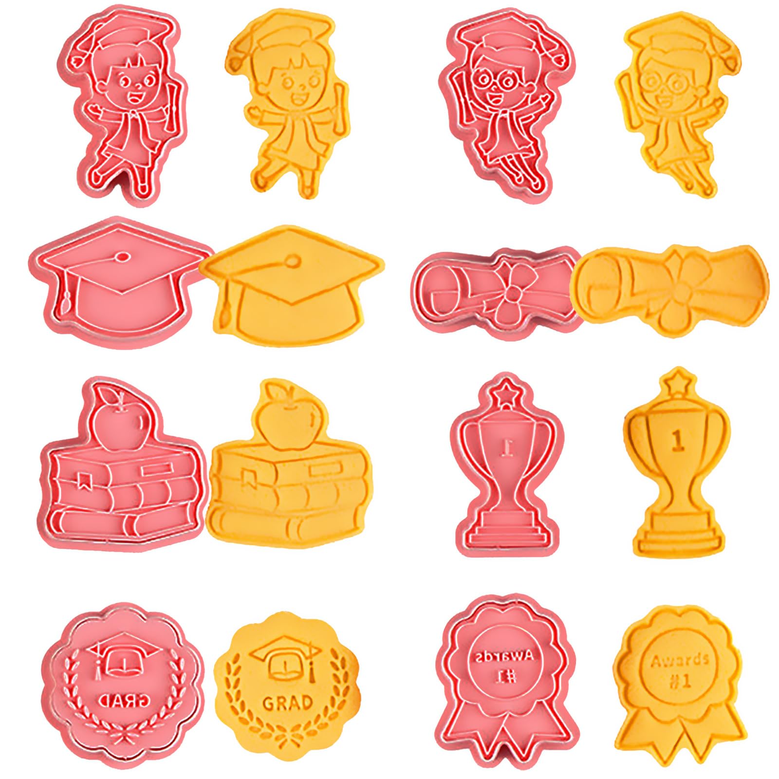 Graduation Cookie Cutters Set, 8 Pcs Graduation Season Plastic Cookie Cutter with Plunger Stamps 3D Press Cookie Mould for DIY Biscuit Snacks Cheese Baking 2024 Graduation Ceremony Celebration Party
