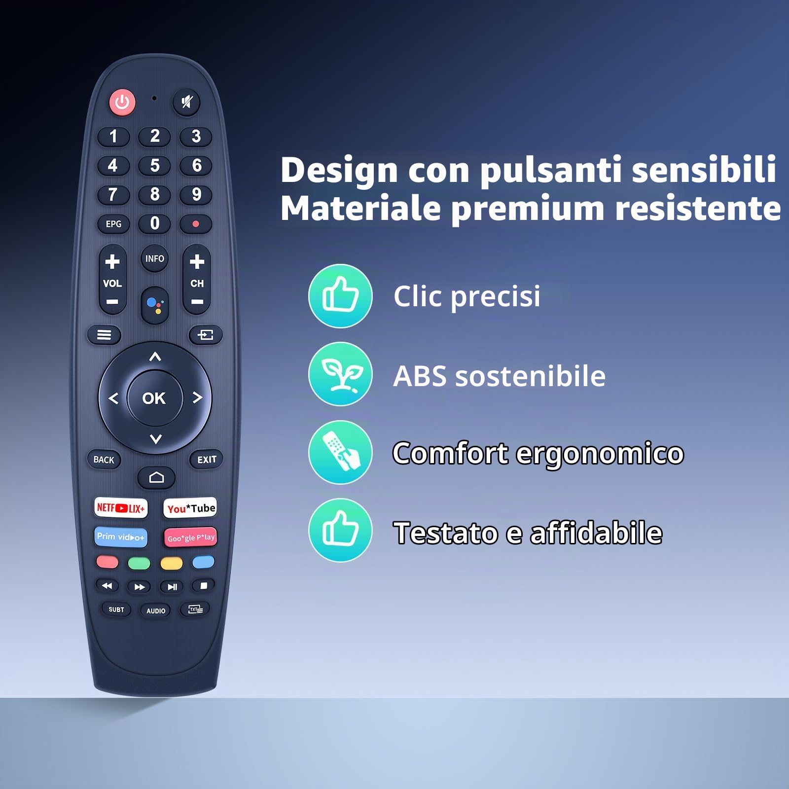 Telecomando di ricambio per Smart Tech TV 24HA20T3, 32HA10T3, 32HA10V3, 50UA10V3, 50UA20T3, 55QA20V3, 43QA20V3, 43UA10V3, 43UA20T3 - Non richiede programmazione