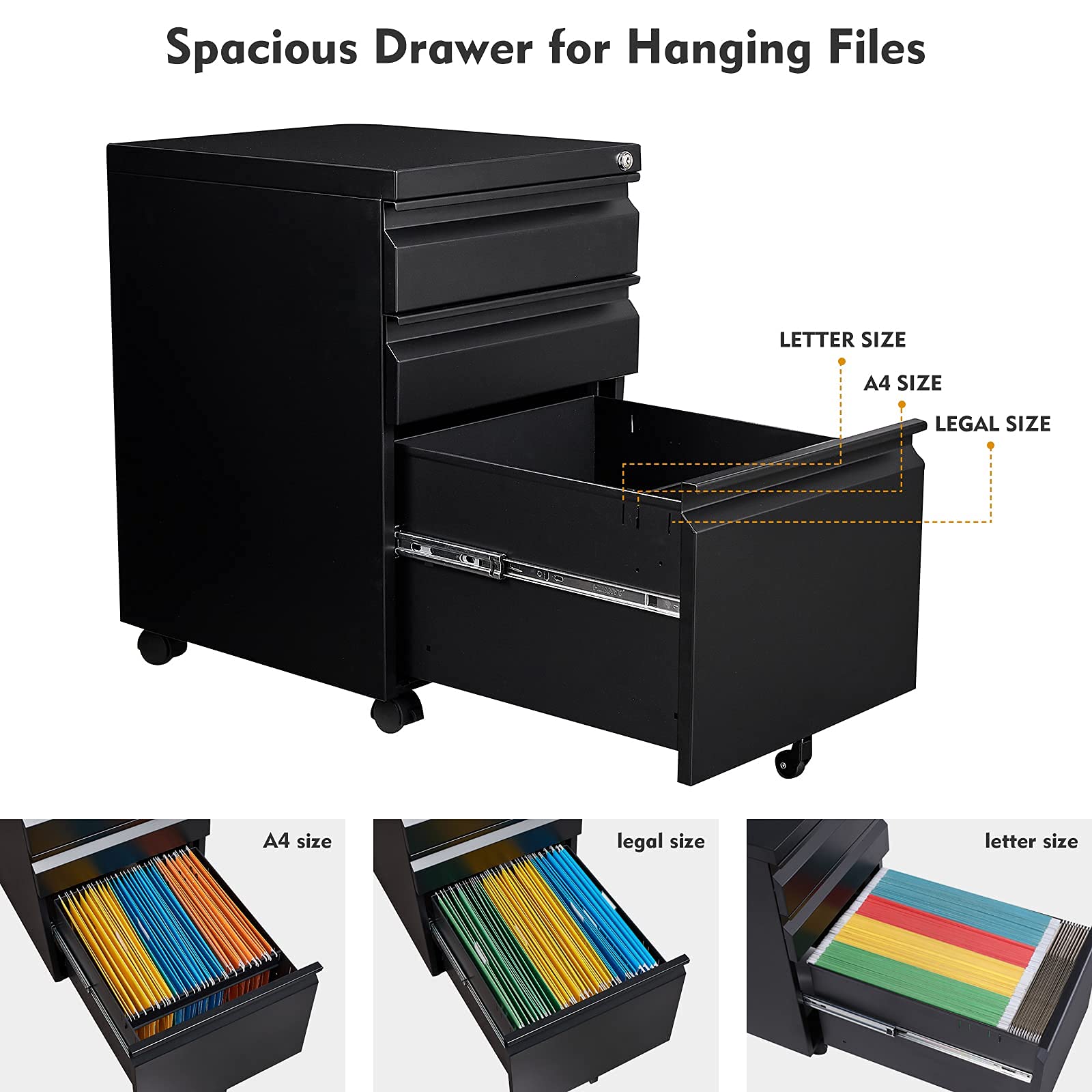 MIIIKO 3 Drawer File Metal Filing with Lock Rolling
