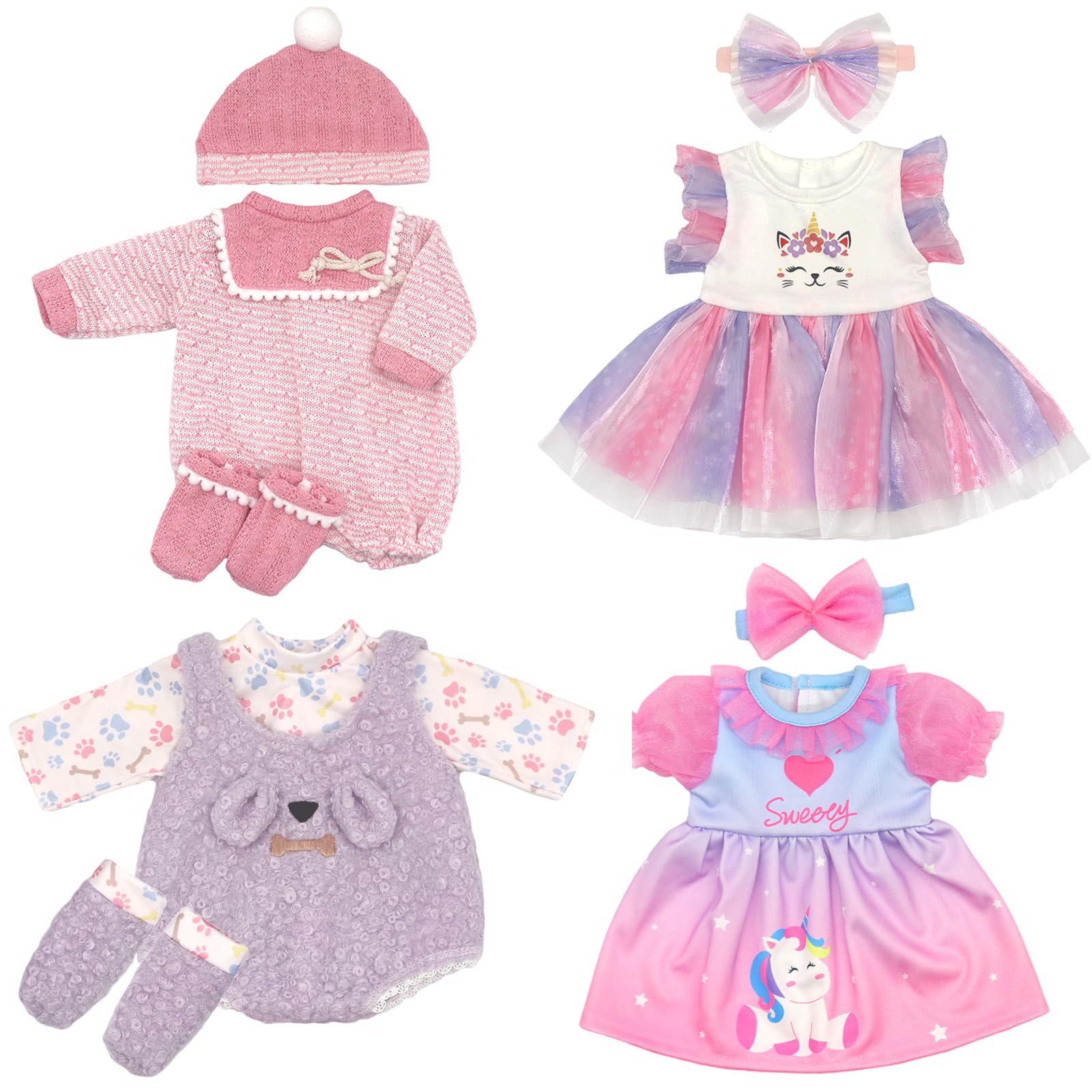 Doll Clothes Outfits for 14-16 Inches 35-43cm Baby Doll, 4-packs Dress with Hat, Headband, Socks (Not Include Doll)