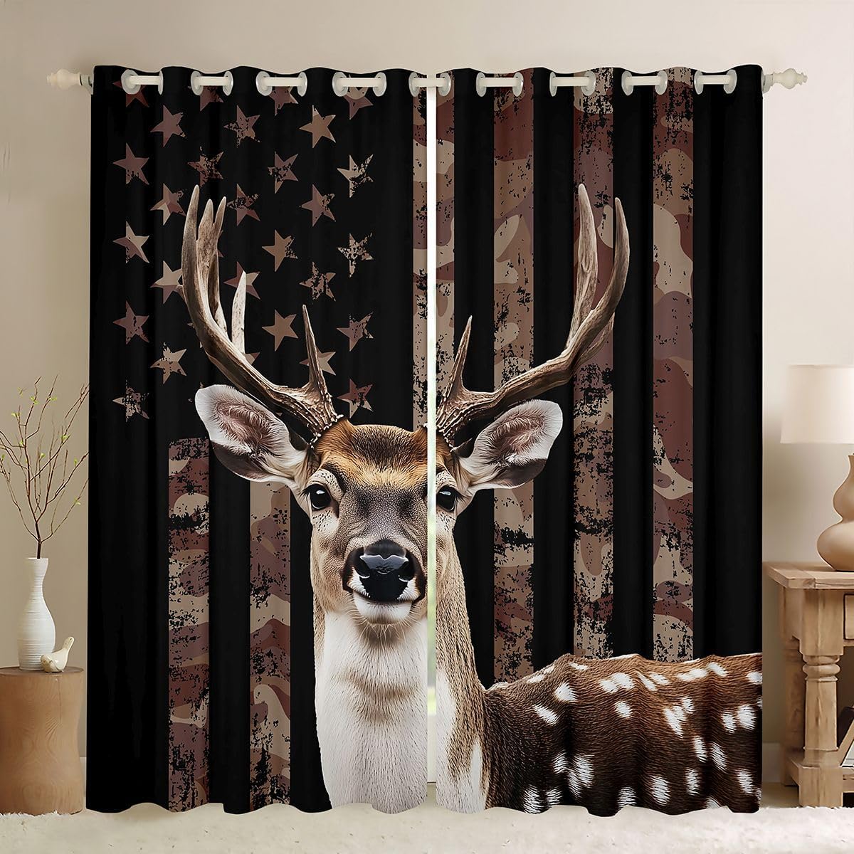 Feelyou American Flag Blackout Curtains Cute Deer Darkening Drapes for Bedroom Living Room Decor Deer Hunting Thermal Insulated Shades Antlers Window Treatments, 2 Panels 38 x 45 Inch